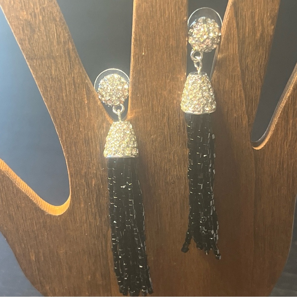 Elegant Silver and Black Tassel Earrings